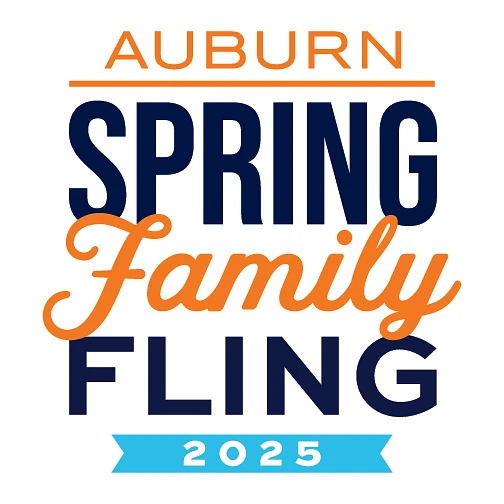 The image is a colorful text design promoting the "Auburn Spring Family Fling 2025."