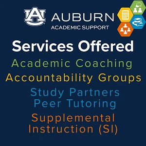 The image is a promotional graphic for Auburn University's Office of the Provost, highlighting academic support services such as academic coaching, peer tutoring, and supplemental instruction.