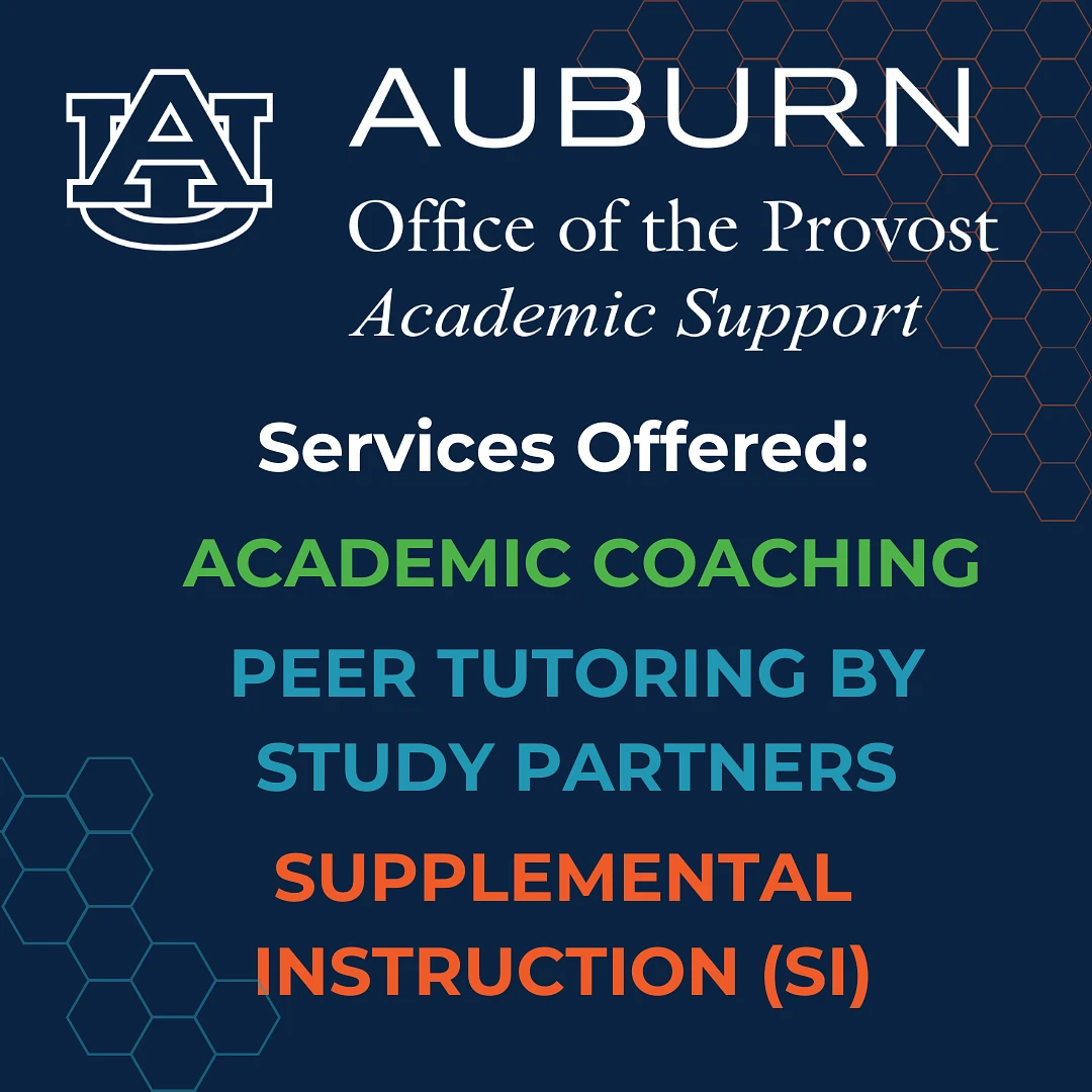 The image is a promotional graphic for Auburn University's Office of the Provost, highlighting academic support services such as academic coaching, peer tutoring, and supplemental instruction.