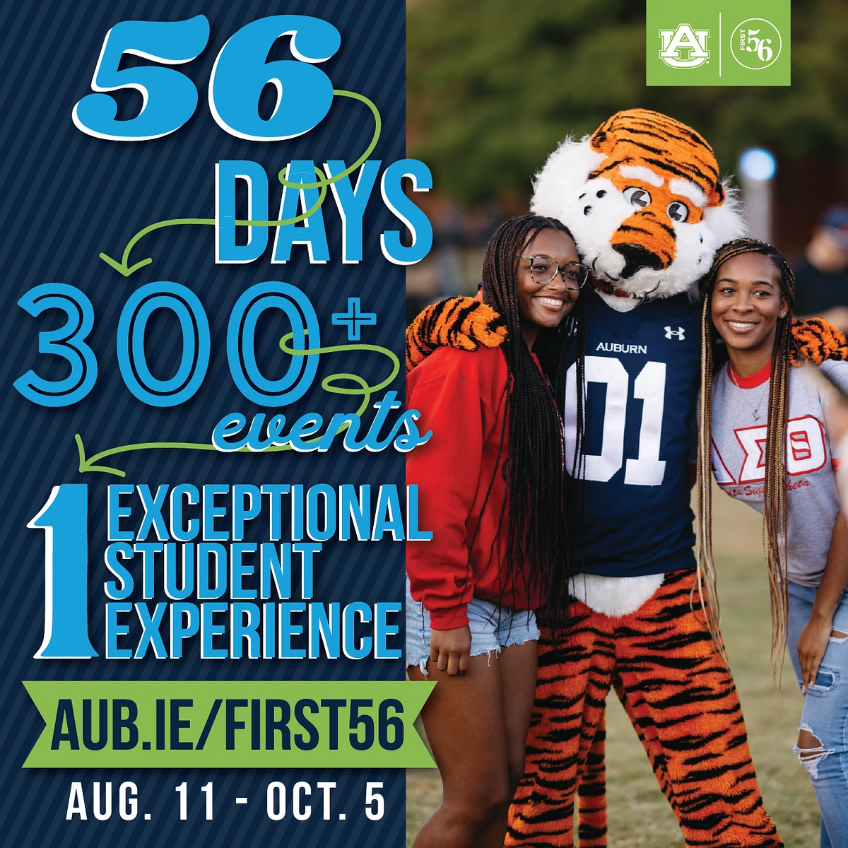 A promotional poster highlights a college event with 56 days, over 300 events, and an exceptional student experience, featuring two students smiling with a tiger mascot.