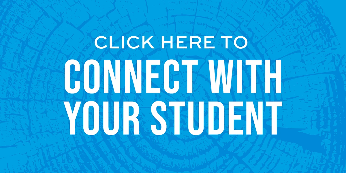 The image features the text "Click here to connect with your student" in bold white letters on a blue textured background.