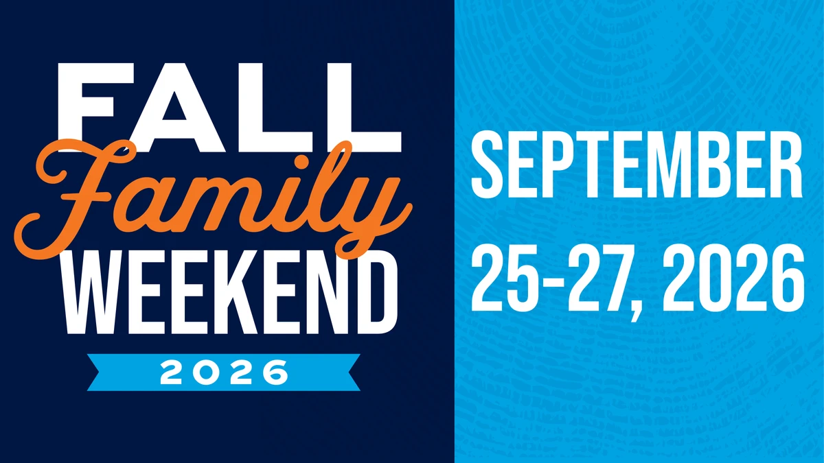The image is an announcement for "Fall Family Weekend 2026," scheduled for September 25-27.