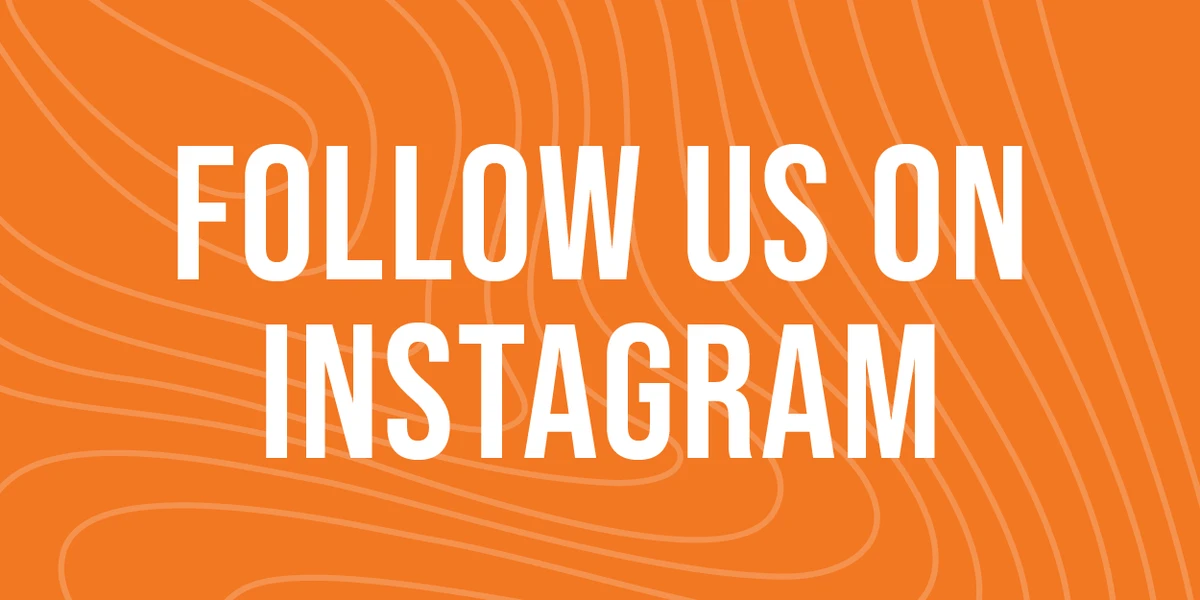 The image features the text "Follow us on Instagram" in bold white letters on an orange background with wavy lines.