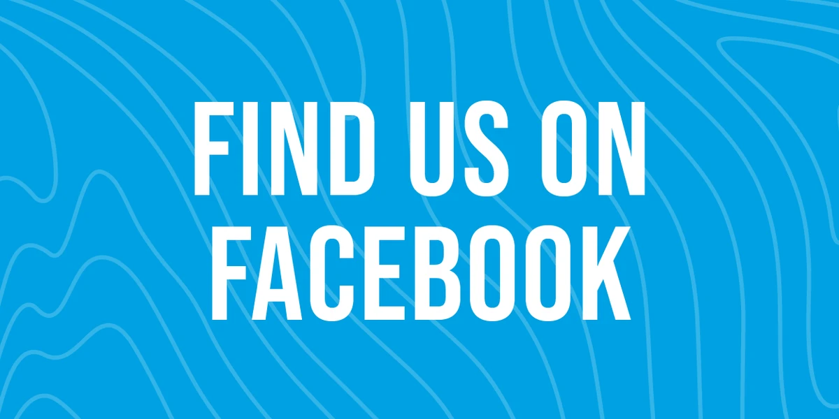 The image shows the phrase "Find Us on Facebook" in bold white text on a blue background with abstract wavy lines.