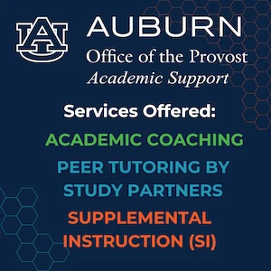The image is an advertisement for Auburn's Office of the Provost Academic Support, highlighting services like academic coaching, peer tutoring, and supplemental instruction.