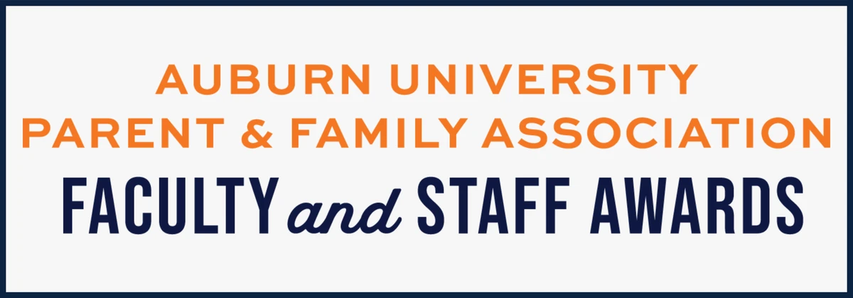 The image features the Auburn University Parent & Family Association Faculty and Staff Award logo, surrounded by a decorative laurel design in blue and orange.