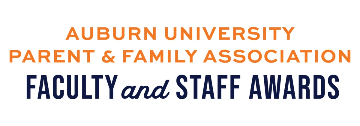 The image features the Auburn University Parent & Family Association Faculty and Staff Award logo, surrounded by a decorative laurel design in blue and orange.