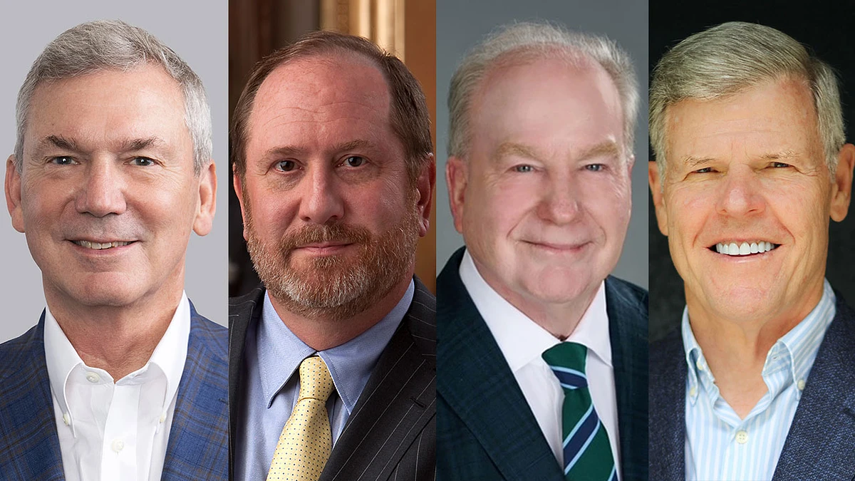 Pictured from left to right are Auburn alumni Rob Burton, Raymond J. Harbert, Thomas A. Harris and Thomas H. Lowder — all of whom will be among seven honorees to be inducted into the Alabama Business Hall of Fame in a Nov. 14 ceremony.