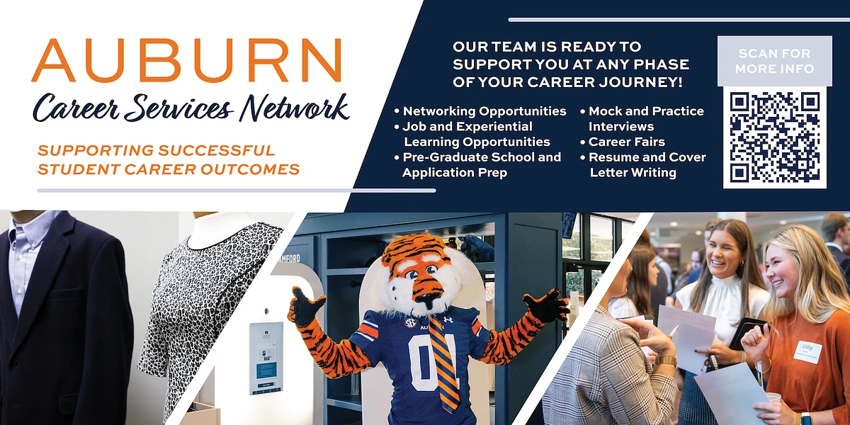 The image promotes Auburn University's Career Services Network, highlighting student career support through networking, job opportunities, graduate school preparation, mock interviews, career fairs, and resume writing.