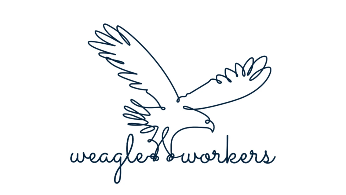 A minimalist, single-line drawing of an eagle with the text "weagle workers" beneath it.