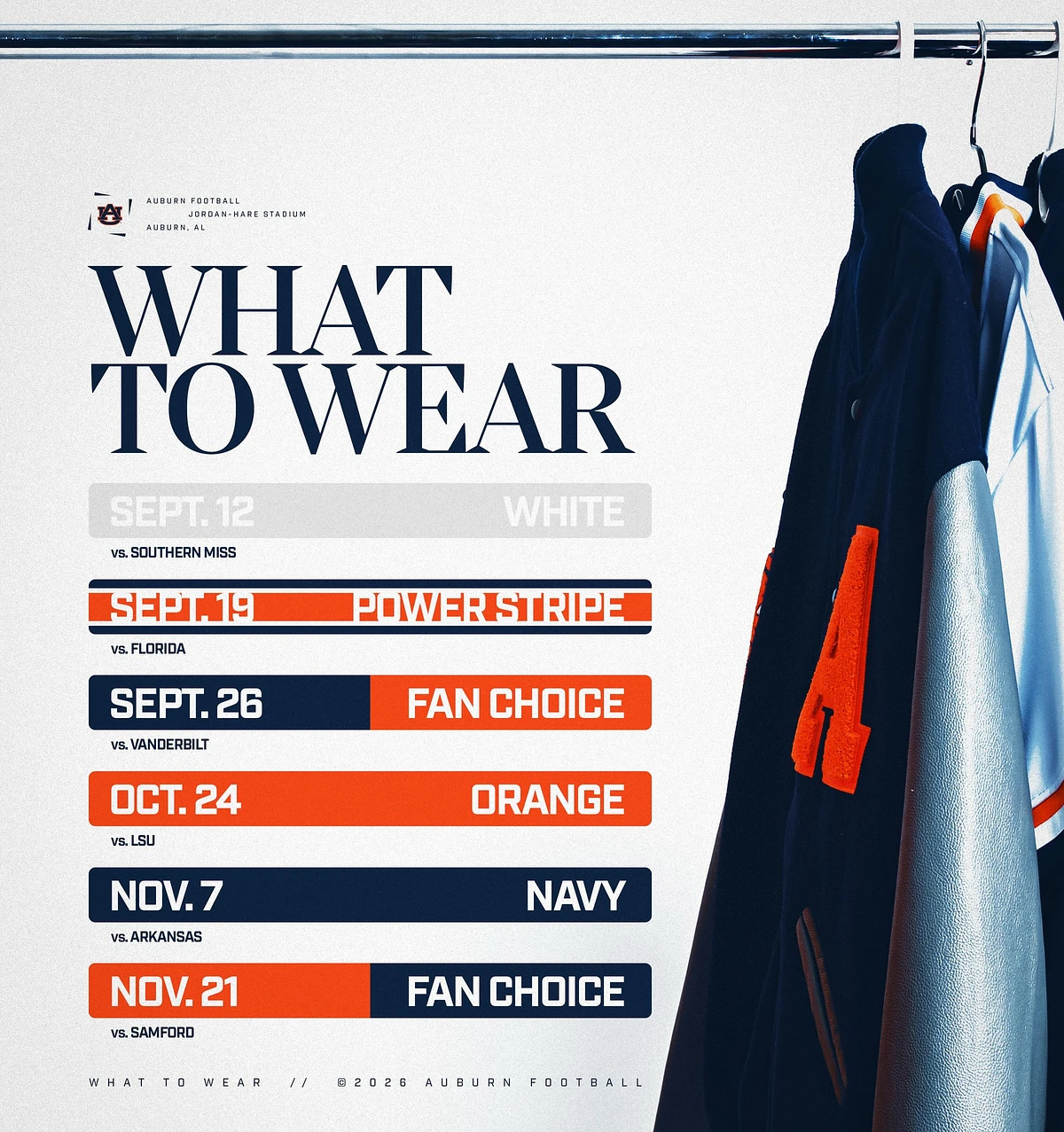 The image provides a schedule of clothing themes for Auburn Football games in 2026, with specific colors and options like "Fan Choice" for various dates.